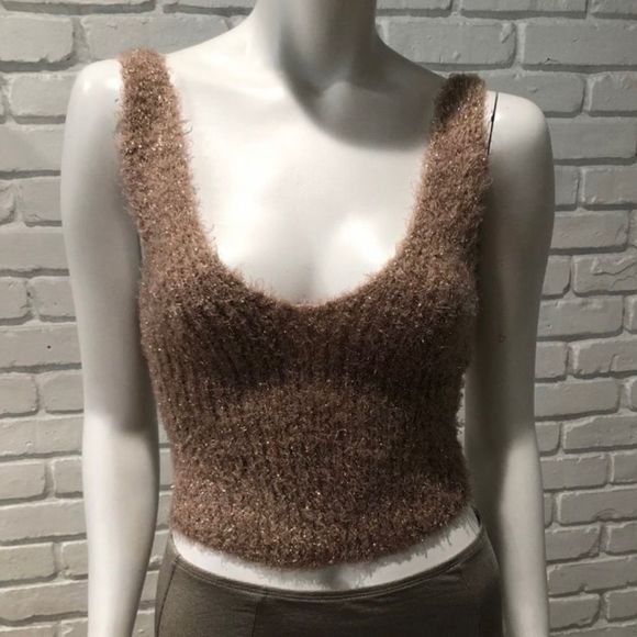 FUZZY BEIGE & TAN CROPPED GOLD METALLIC TANK SWEATER NWT - Picture 2 of 11